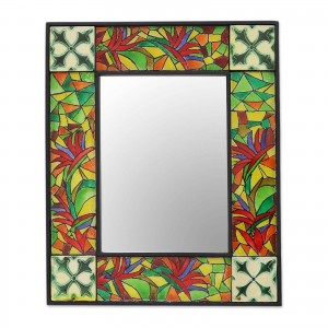 Ceramic Tile Wall Mirror Multi-Colored Leaves &apos;Inlaid Foliage&apos; NOVICA India Arts   382540683778